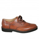 Zapato oxford con cordones y decoraciones a punta de ala para mujer en piel brun claro tacon 3 - Tallas disponibles:  43