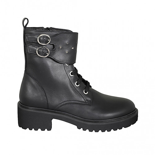 Bottines pour femmes avec lacets, goujons, boucles et fermeture éclair en cuir noir talon 5 - Pointures disponibles:  33