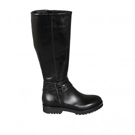 Woman's boot with zipper and buckles in black leather heel 3 - Available sizes:  42