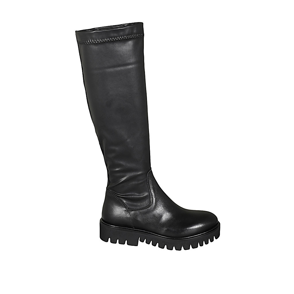 Woman's boot in black leather and elastic material heel 4