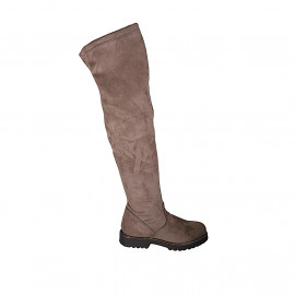 Botas a la rodilla para mujer en gamuza y material élastico gris pardo con media cremallera tacon 3 - Tallas disponibles:  43