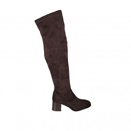 Botas sobre la rodilla para mujer en gamuza y material elastico marron con media cremallera tacon 6 - Tallas disponibles:  32, 34, 43