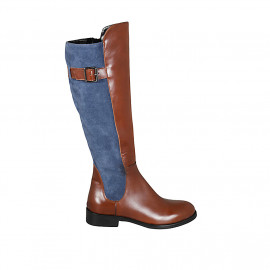 Woman's boot with zipper and buckle in tan brown leather and light blue suede heel 3 - Available sizes:  42