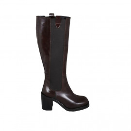 Woman's boot with elastic bands and squared tip in brown leather heel 8 - Available sizes:  42, 43