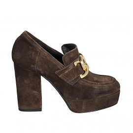 Woman's mocassin with platform and chain in brown suede heel 9 - Available sizes:  34, 42, 43