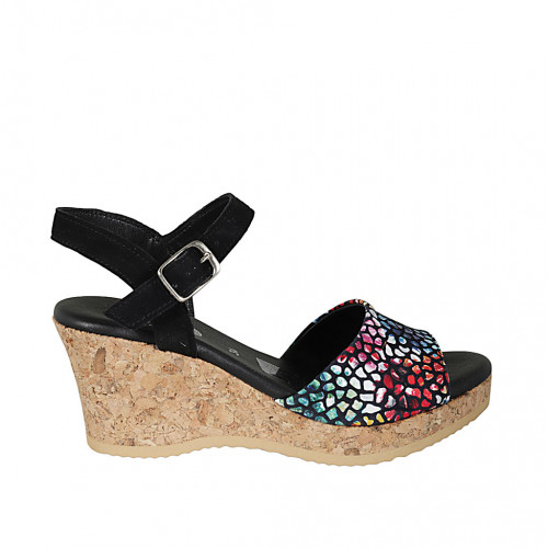 Woman's strap sandal in black and multicolored mosaic printed suede with platform and wedge heel 7 - Available sizes:  42, 43