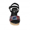 Woman's strap sandal in black and multicolored mosaic printed suede with platform and wedge heel 7 - Available sizes:  42, 43