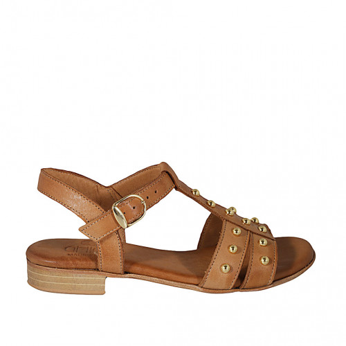 Woman's sandal with studs and strap in cognac brown leather heel 2 - Available sizes:  32