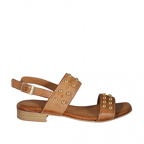 Woman's sandal with studs in cognac brown leather heel 2 - Available sizes:  32, 33, 34, 42, 43, 44