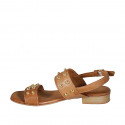 Woman's sandal with studs in cognac brown leather heel 2 - Available sizes:  32, 33, 34, 42, 43, 44