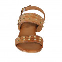 Woman's sandal with studs in cognac brown leather heel 2 - Available sizes:  32, 33, 34, 42, 43, 44