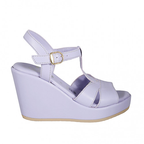 Woman's sandal with strap in lilac leather wedge heel 9 - Available sizes:  34, 42, 43, 44