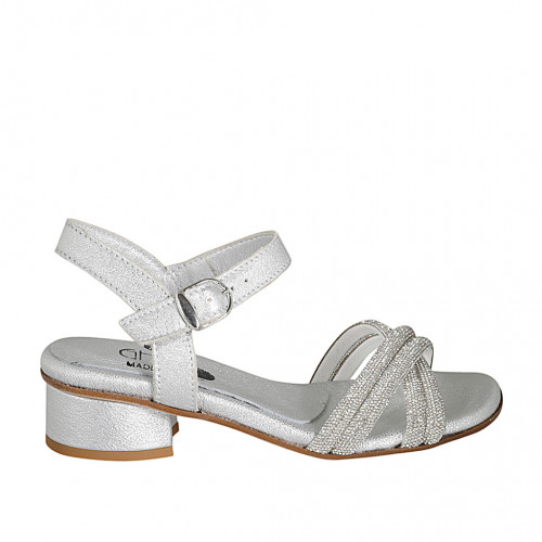 Woman's sandal in silver laminated leather with strap and rhinestones heel 3 - Available sizes:  32