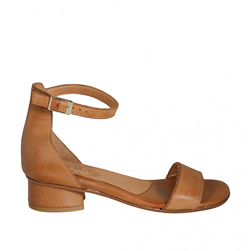 Zapato abierto con cinturon en piel cognac tacon 3 - Tallas disponibles:  33, 42