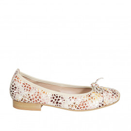 Woman's ballerina shoe with bow and captoe in beige multicolored printed suede heel 2 - Available sizes:  32, 45