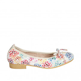 Woman's ballerina shoe with captoe and bow in beige multicolored printed suede heel 2 - Available sizes:  32, 33