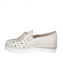 Woman's mocassin with tassels and elastics in cream-colored pierced leather wedge heel 4 - Available sizes:  43, 44, 45