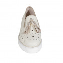 Woman's mocassin with tassels and elastics in cream-colored pierced leather wedge heel 4 - Available sizes:  43, 44, 45