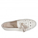 Woman's mocassin with tassels and elastics in cream-colored pierced leather wedge heel 4 - Available sizes:  43, 44, 45