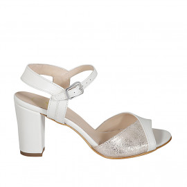 Woman's sandal with strap in white leather and platinum laminated leather heel 8 - Available sizes:  42, 43, 44