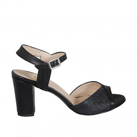 Sandalia con cinturon para mujer en piel negra y laminada plateada tacon 8 - Tallas disponibles:  32, 33, 42, 43