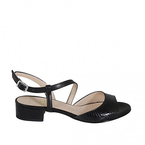 Woman's strap sandal in black leather and printed leather heel 2 - Available sizes:  32, 33, 44