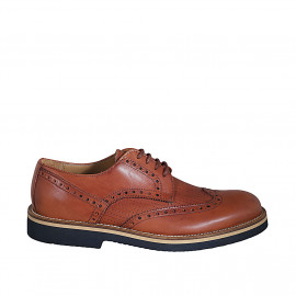 Men's derby shoe with laces and wingtip decorations in tan brown leather and pierced leather - Available sizes:  46