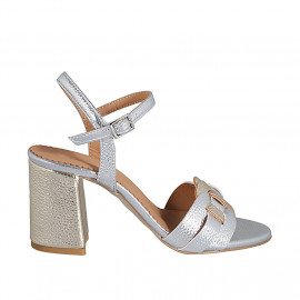 Woman's sandal in platinum and silver laminated leather with strap heel 7 - Available sizes:  43, 44, 45, 46