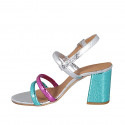 Sandale pour femmes en cuir imprimé lamé argent, fuchsia et turquoise talon 7 - Pointures disponibles:  43