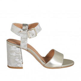 Woman's ankle strap sandal in platinum leather and camouflage printed leather heel 7 - Available sizes:  42, 43, 45, 46