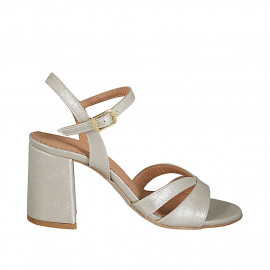 Woman's sandal in platinum laminated leather with strap heel 7 - Available sizes:  43, 44, 45, 46