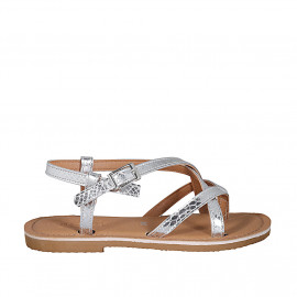 Woman's thong sandal in silver laminated printed patent leather with strap heel 1 - Available sizes:  32, 42, 43