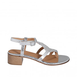 Woman's thong sandal in silver printed laminated patent leather with rhinestones and strap heel 4 - Available sizes:  42, 44, 45, 46