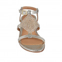 Woman's sandal in platinum printed laminated patent leather with rhinestones and strap heel 4 - Available sizes:  43, 45