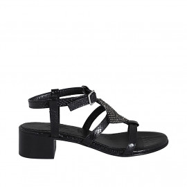 Woman's sandal in black laminated patent leather with rhinestones and strap heel 4 - Available sizes:  33, 42, 43, 44, 45, 46