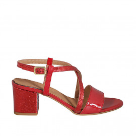 Sandalia para mujer en charol y piel imprimida roja tacon 5 - Tallas disponibles:  42, 43, 44