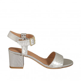 Woman's sandal in platinum printed laminated patent leather with strap heel 5 - Available sizes:  42, 43, 44, 46