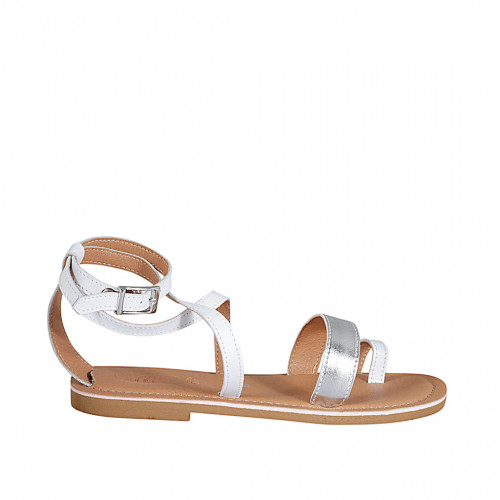 Woman's thong sandal with crossed strap in white and silver laminated leather heel 1 - Available sizes:  33, 42, 43, 44