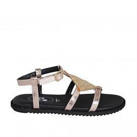 Woman's sandal in copper laminated printed leather with strap and rhinestones wedge heel 1 - Available sizes:  32, 33, 34, 42, 43