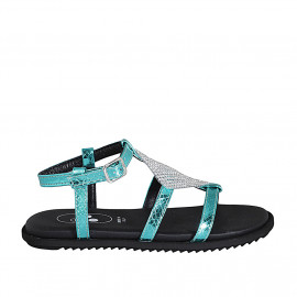 Sandale pour femmes en cuir imprimé lamé turquoise avec courroie et strass talon compensé 1 - Pointures disponibles:  32, 33, 34, 42, 43, 44, 45