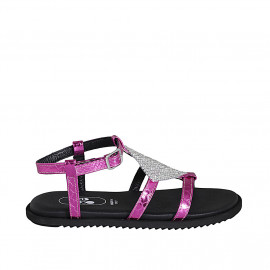 Sandalia con cinturon y estrás para mujer en piel imprimida laminada fucsia cuña 1 - Tallas disponibles:  32, 33, 34, 42, 43, 44