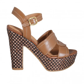 Woman's sandal in cognac brown leather with strap, platform and braided heel 12 - Available sizes:  43