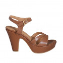 Woman's sandal in tan brown leather with strap, platform and heel 9 - Available sizes:  42, 43