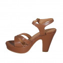 Woman's sandal in tan brown leather with strap, platform and heel 9 - Available sizes:  42, 43