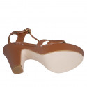 Woman's sandal in tan brown leather with strap, platform and heel 9 - Available sizes:  42, 43