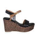 Woman's strap platform sandal in black and tan brown leather with braided wedge heel 9 - Available sizes:  42, 43, 44