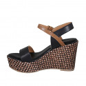 Woman's strap platform sandal in black and tan brown leather with braided wedge heel 9 - Available sizes:  42, 43, 44