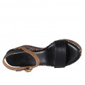 Woman's strap platform sandal in black and tan brown leather with braided wedge heel 9 - Available sizes:  42, 43, 44