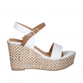 Woman's strap platform sandal in white and tan brown leather with braided wedge heel 9 - Available sizes:  42, 43, 44