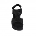 Sandalia para mujer con cierre de velcro en tejido imprimido negro cuña 7 - Tallas disponibles:  42, 43, 44